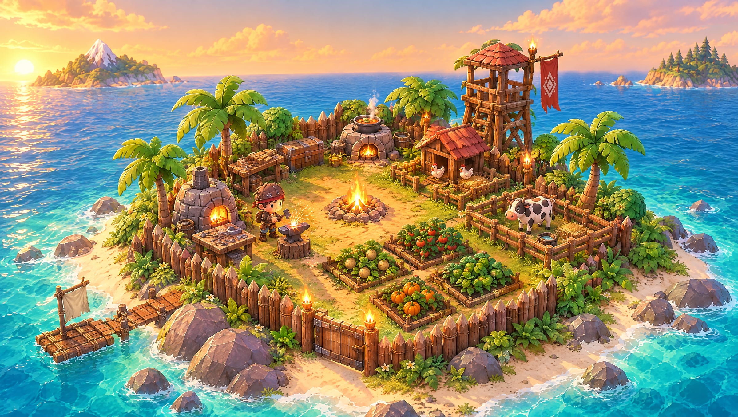The survivor hammering at the anvil inside a walled camp at dusk: furnace, stove, chicken coop, cow pen, four farm plots, torches and a watchtower with a red banner
