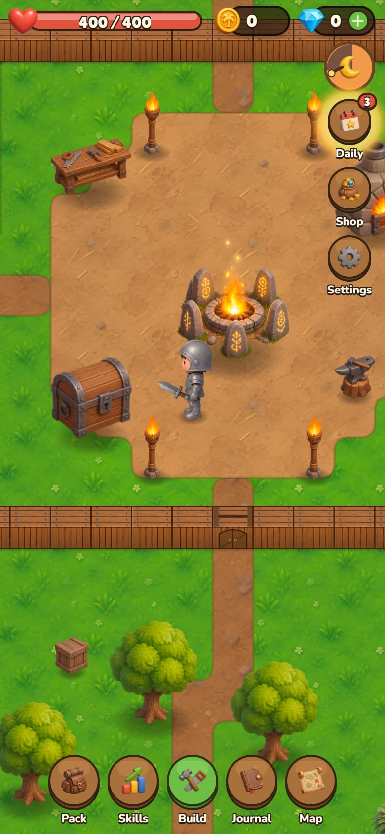 The camp at dusk from above: a palisade with a gate, the Hearth, a workbench, a furnace, an anvil, a chest, torches and a watchtower