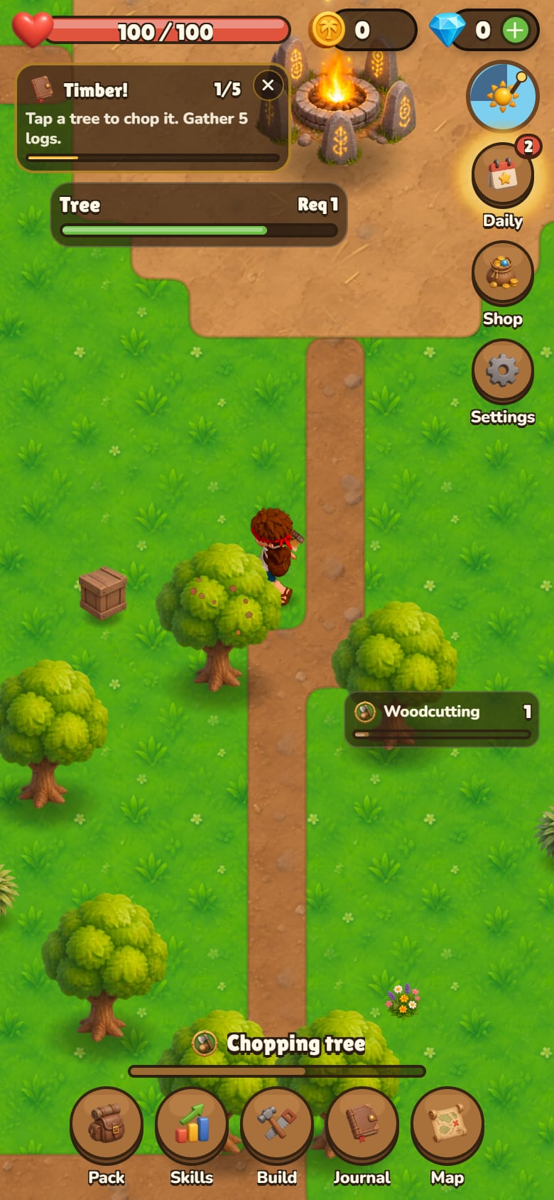 A new castaway chopping a tree on Driftwood Isle, the first journal step Timber! showing at the top