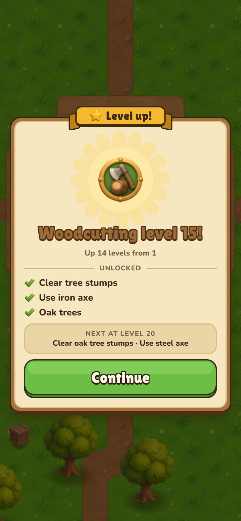 A level-up card: Woodcutting level 15, unlocked oak trees, the next unlock listed below