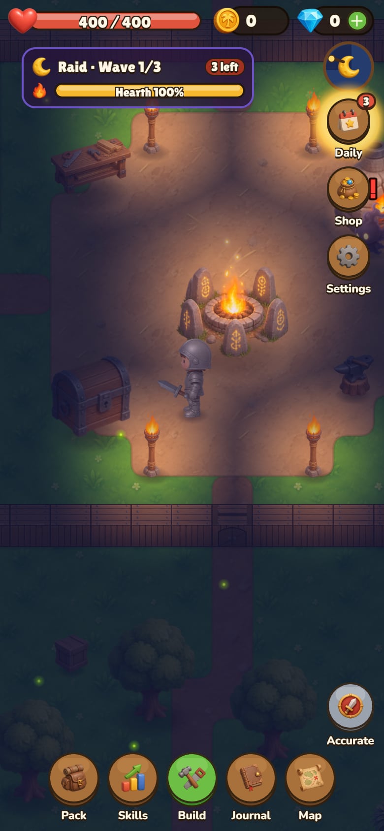 A night raid: the survivor in iron armour inside the walls, torches burning, the raid wave counter and the Hearth health bar at the top