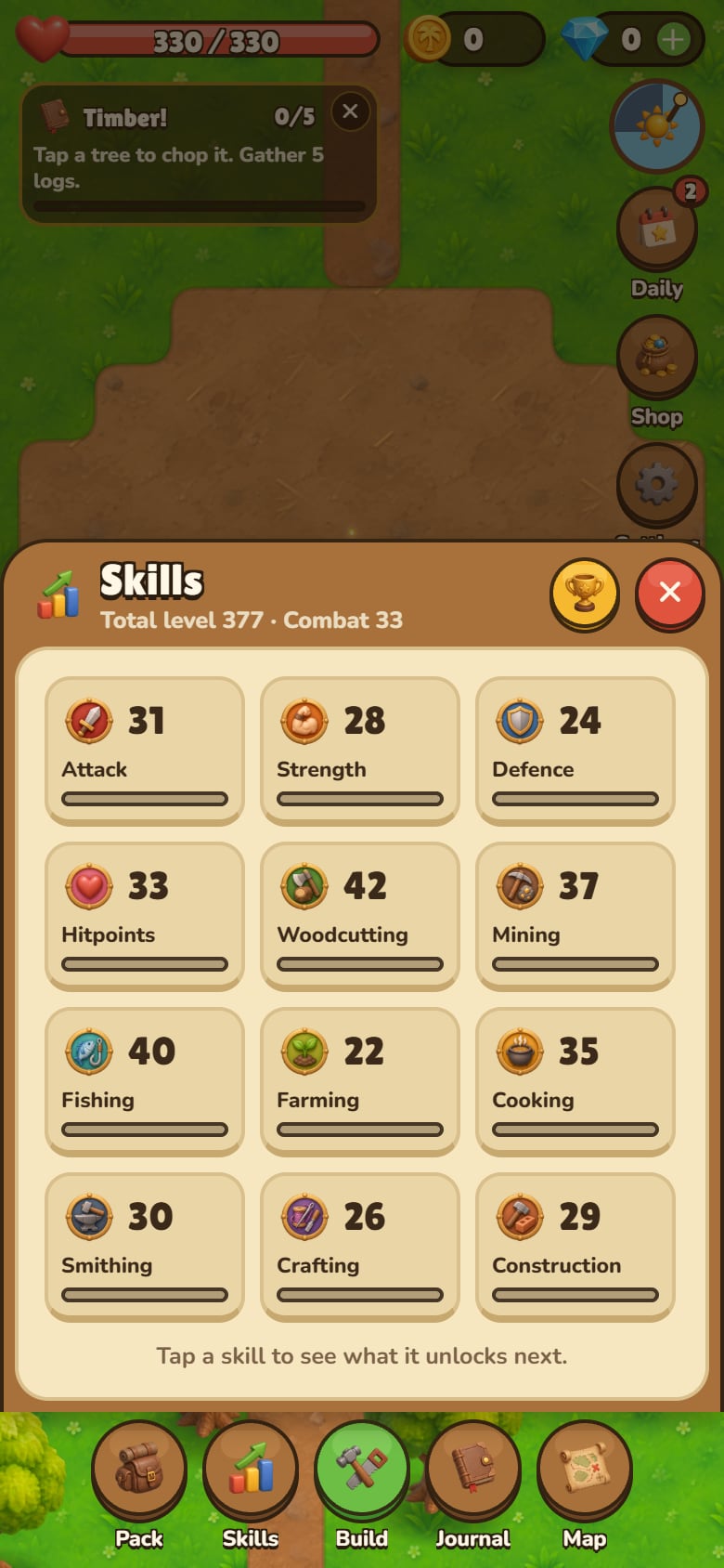 The Skills panel listing twelve skills with their levels, total level 377 and combat level 33